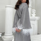 Aster silver shiny kimono robe with feathers