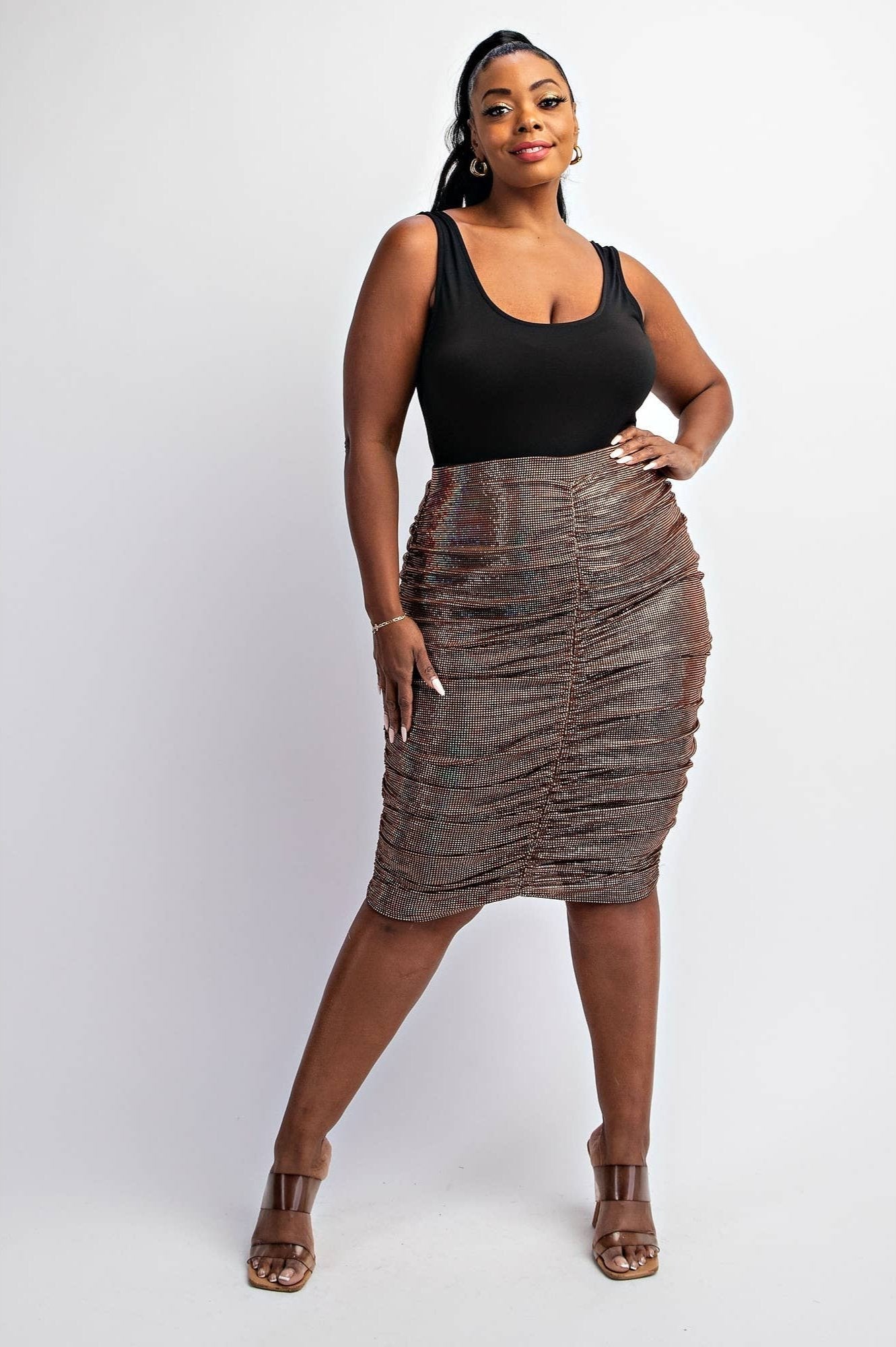 Athena Skirt - Gold Ruched Below the Knee for Effortless Elegance