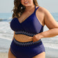 Navy Blue Embroidered Trim Wrap Tie Knot High Waisted Bikini
