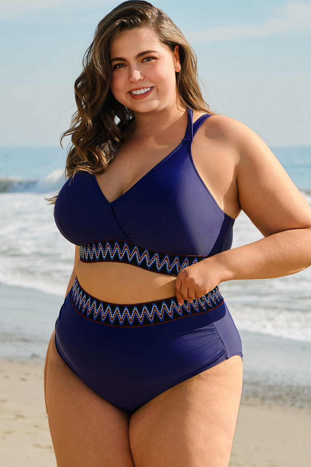 Navy Blue Embroidered Trim Wrap Tie Knot High Waisted Bikini