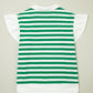 Green Stripe Collar V Neck Ruffle Short Sleeve Blouse