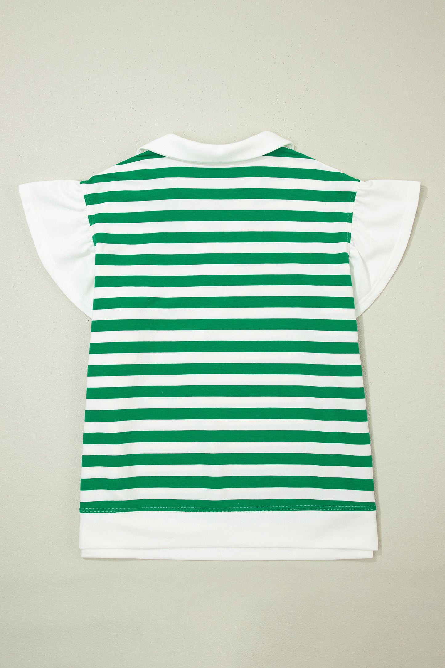 Green Stripe Collar V Neck Ruffle Short Sleeve Blouse