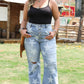 Sky Blue Star Printed Multi Buttons Slit Knee Destroyed Jeans