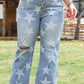 Sky Blue Star Printed Multi Buttons Slit Knee Destroyed Jeans