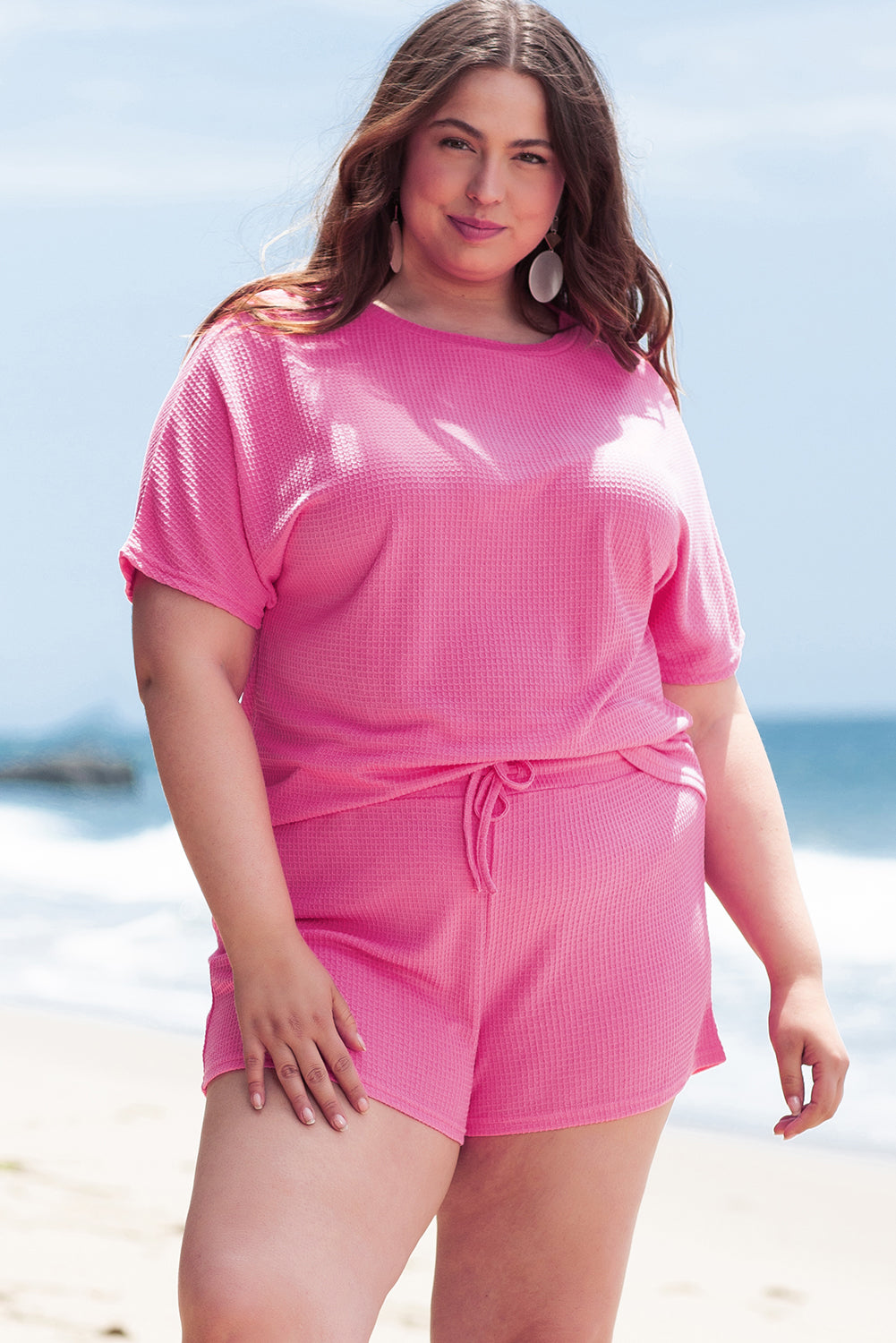 Rose Red Solid Waffle Knit Two Piece Set