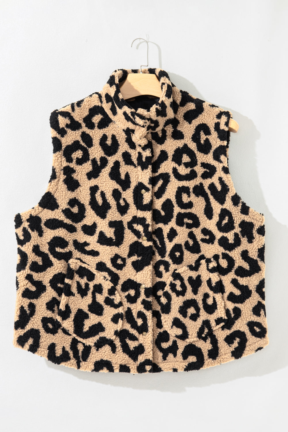 Khaki Leopard Sherpa Button Front Collared Vest Jacket