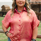 Rose Red Metallic Sheen Short Sleeve Button Up Shirt