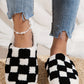 Black Checkered Print Fuzzy Slip On Winter Slippers