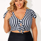 Black Stripe Knot Cutout Ruffle Sleeve and High Waisted 2pcs Swimsuit
