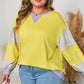 Yellow Striped Color Block Patchwork Crewneck Pullover Sweatshirt