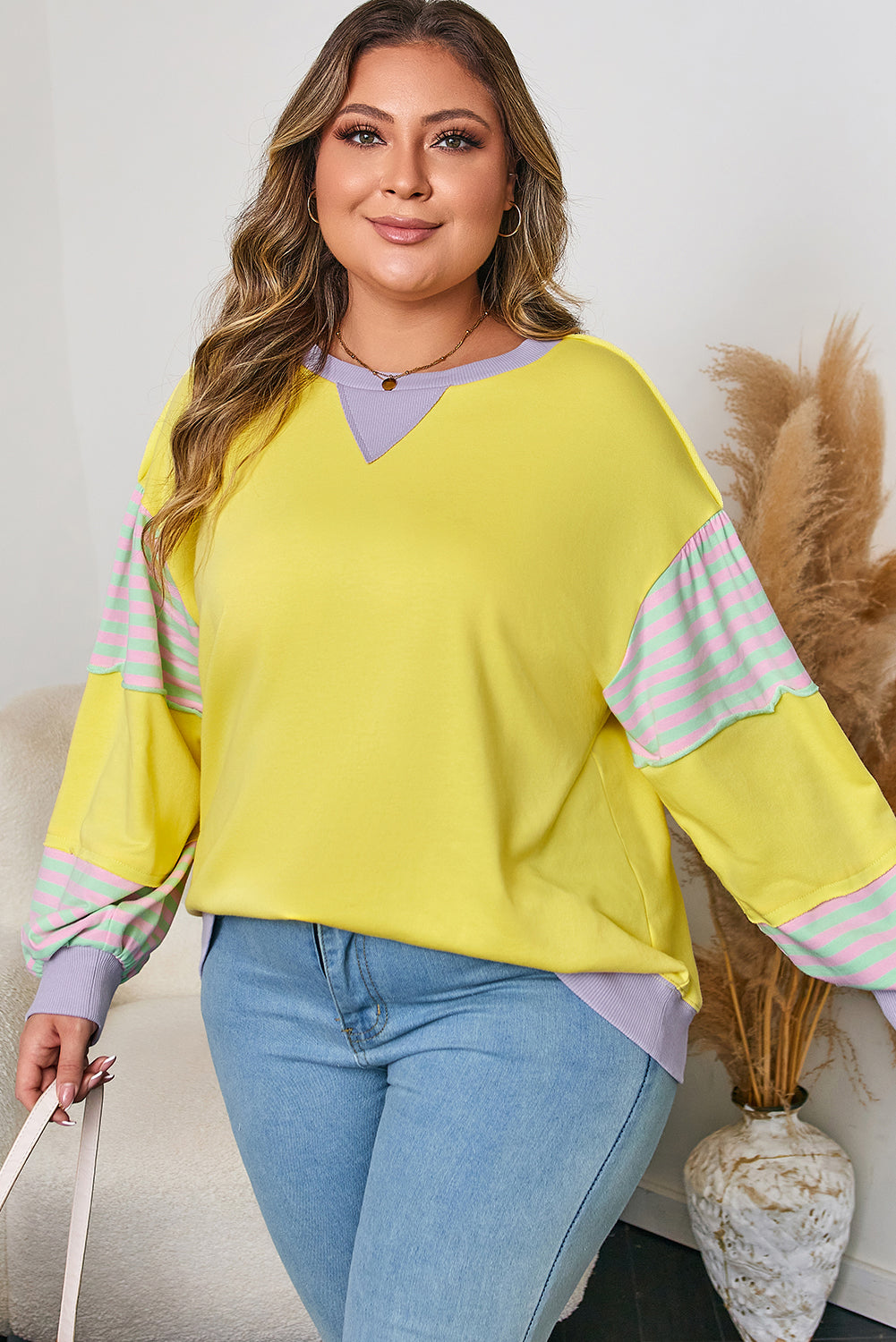 Yellow Striped Color Block Patchwork Crewneck Pullover Sweatshirt