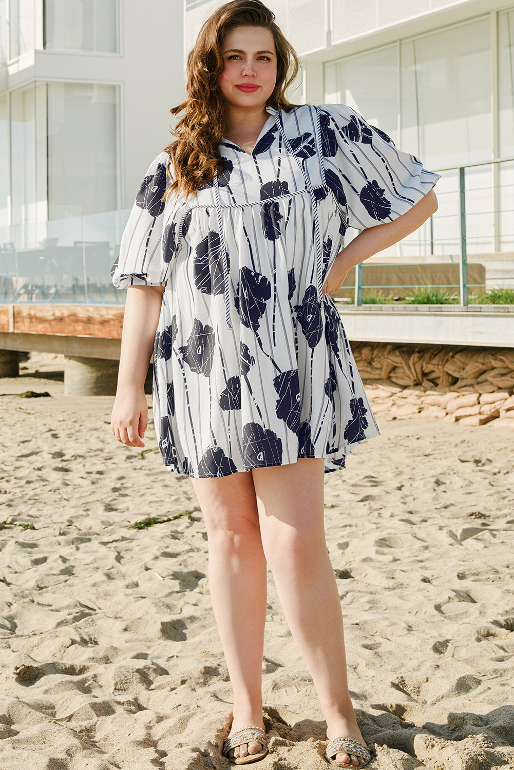 Floral 3/4 Puff Sleeve Lace-up Neck Mini Dress