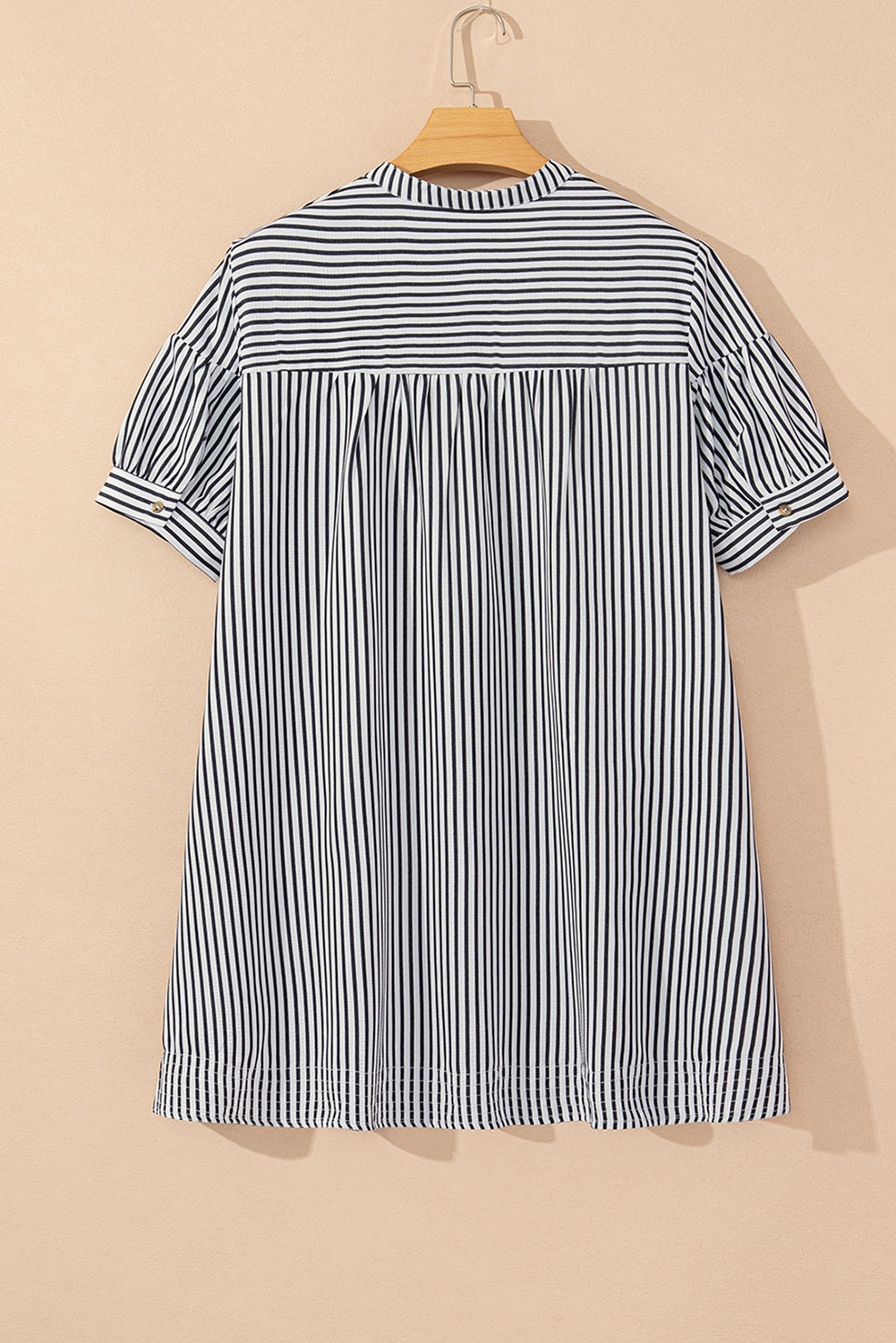 Stripe Short Sleeve Buttoned V Neck Pocketed Mini Dress