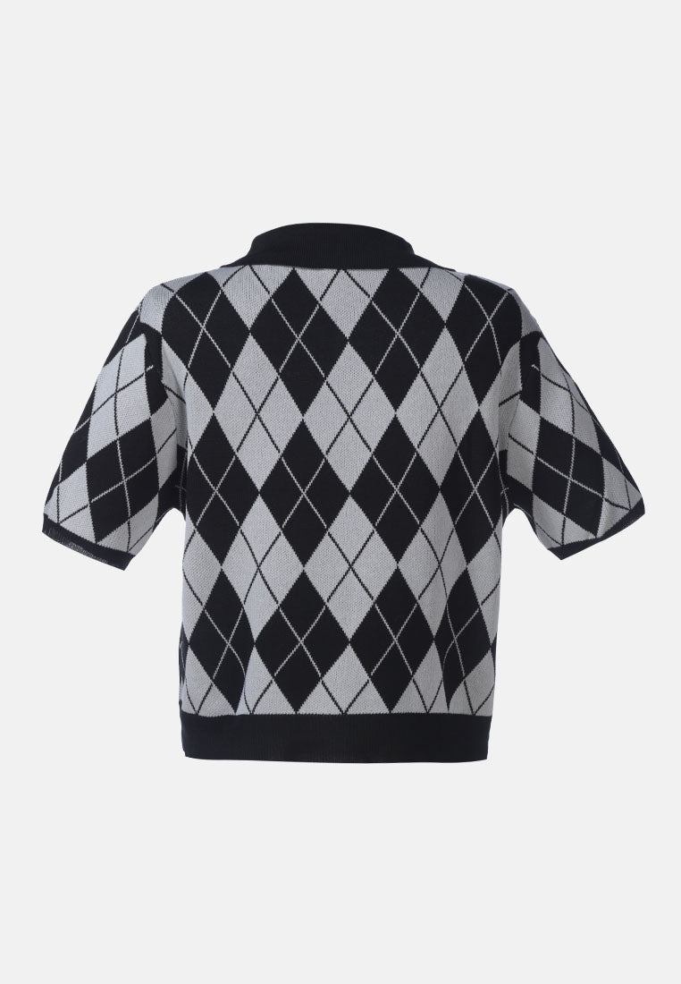 Argyle Checks Half Sleeve Cropped Cardigan