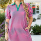Rose Stripe Collared V Neck Puff Sleeve T Shirt Dress w/ Pockets