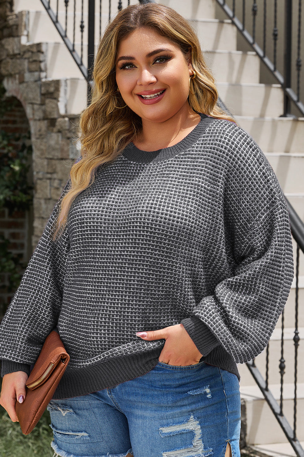 Waffle-Knit Round Neck Dropped Shoulder Sweater