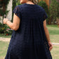 Navy Blue Dotty Textured Notched Neck Ruffled Dress