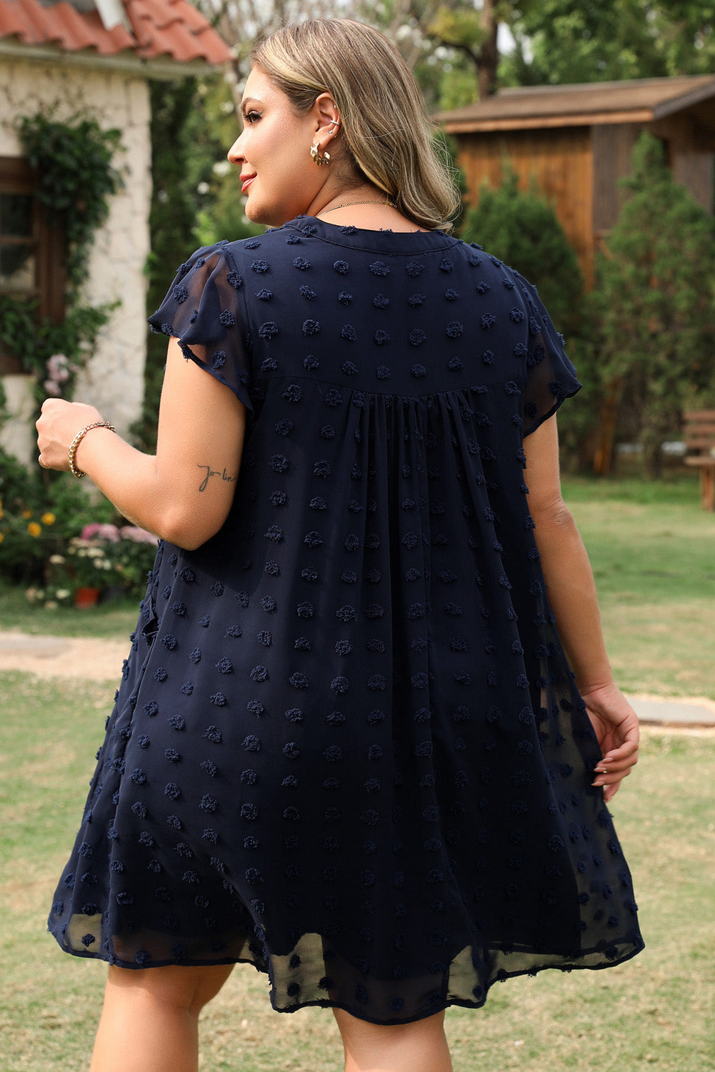 Navy Blue Dotty Textured Notched Neck Ruffled Dress