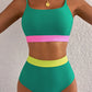 Sea Green Contrast Trim Colorblock Patchwork High Waisted Bikini