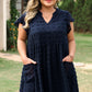 Navy Blue Dotty Textured Notched Neck Ruffled Dress