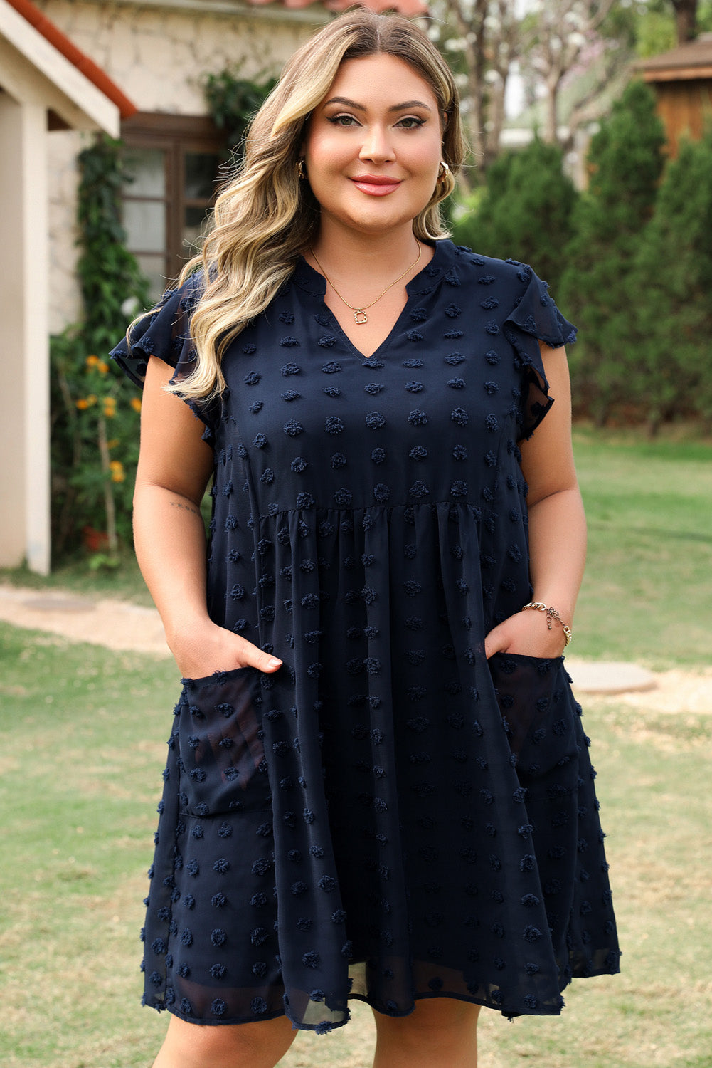 Navy Blue Dotty Textured Notched Neck Ruffled Dress