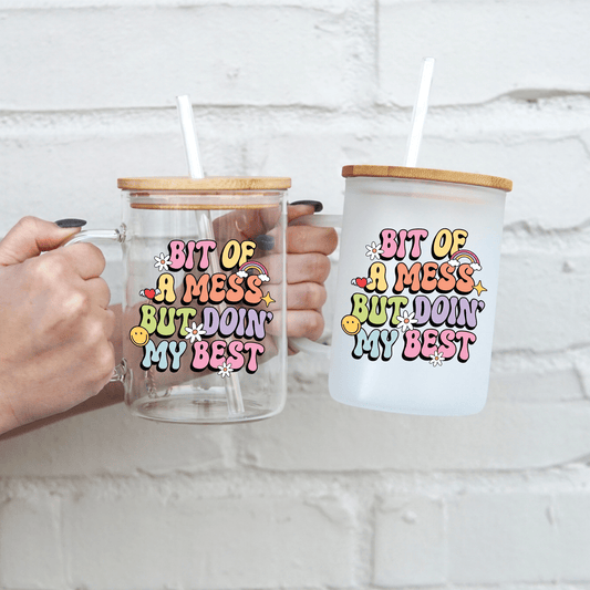 Bit of a Mess 17oz Glass Mug With Lid and Straw