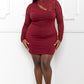 Burgundy Lace Panel Mini Dress – Long Sleeve, Keyhole Front & Ruched Fit