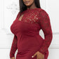 Burgundy Lace Panel Mini Dress – Long Sleeve, Keyhole Front & Ruched Fit