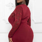 Burgundy Lace Panel Mini Dress – Long Sleeve, Keyhole Front & Ruched Fit