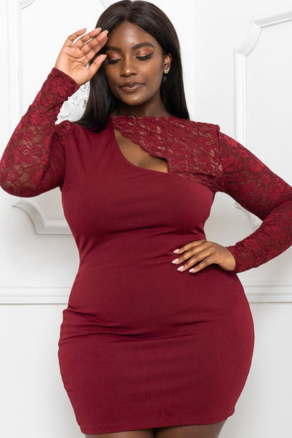 Burgundy Lace Panel Mini Dress – Long Sleeve, Keyhole Front & Ruched Fit
