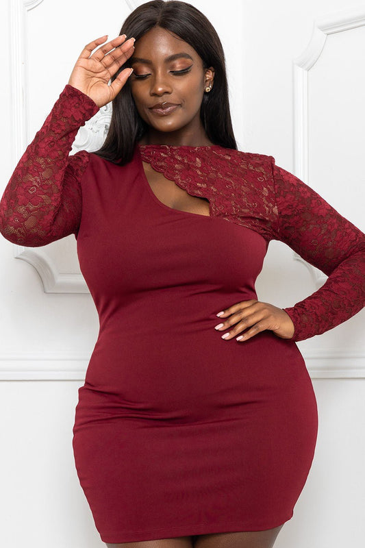 Burgundy Lace Panel Mini Dress – Long Sleeve, Keyhole Front & Ruched Fit