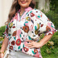 Pink V Neck Short Puff Sleeve Floral Blouse