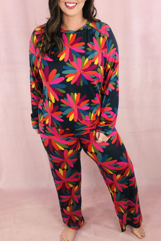 Black Printed Long Sleeve and Pants Lounge Set