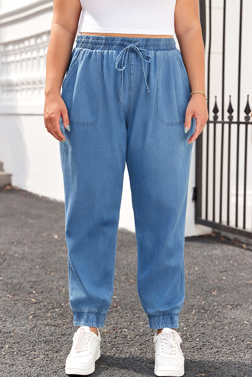 Dusk Blue Drawstring Waist Pocketed Denim Joggers