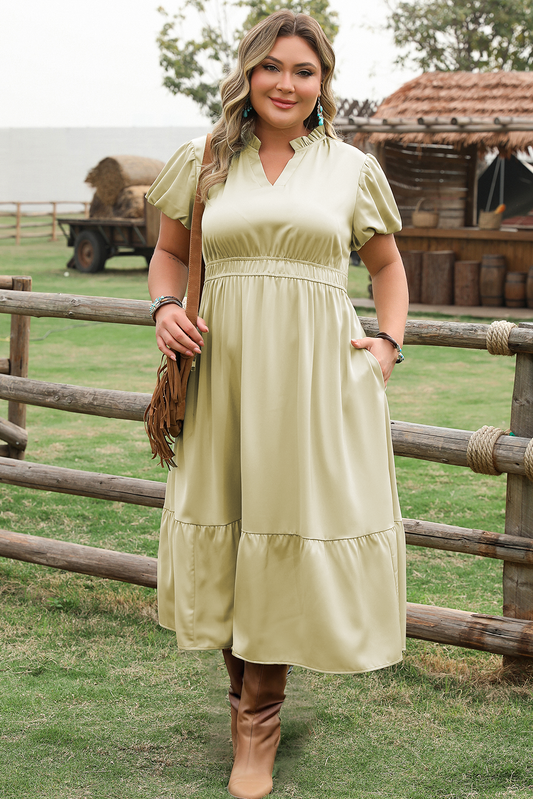 Laurel Green Notched V Neck Puff Sleeve Tiered Maxi Dress