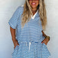 Blue Stripe Short Sleeve Collared V Neck Top Short Set