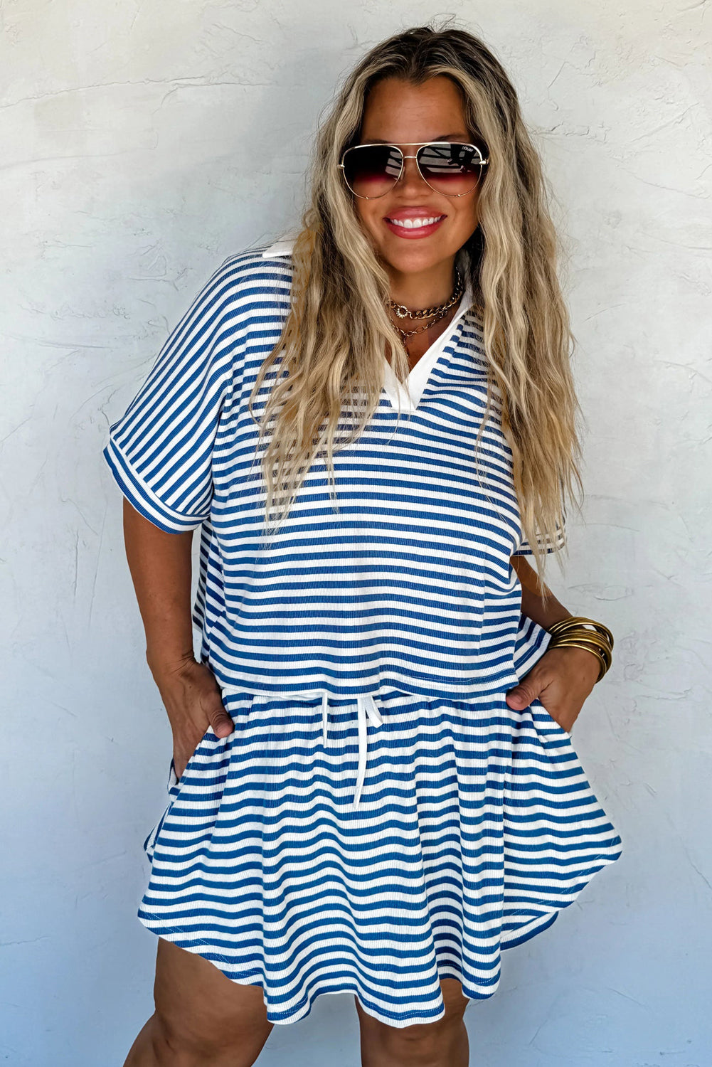 Blue Stripe Short Sleeve Collared V Neck Top Short Set