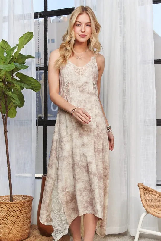Printed Spaghetti Strap Midi Dress in Taupe