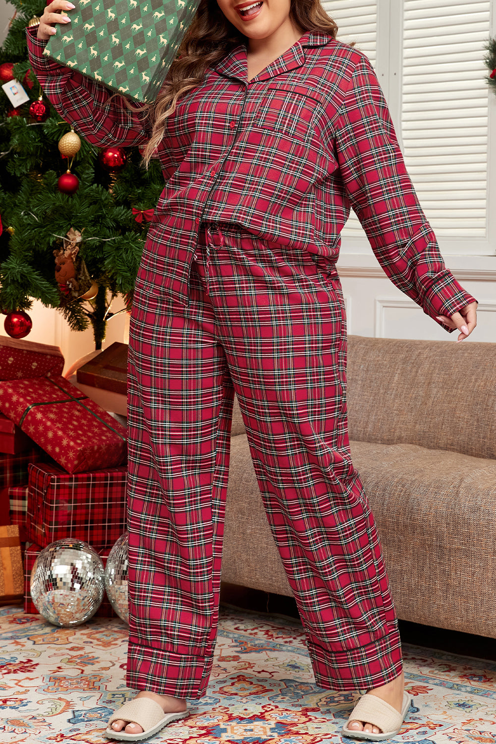 Red Plaid Printed Shirt and Pants Lounge Set