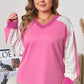 Bonbon Lace Striped Patchwork Long Sleeve Corded V Neck Top