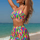 Multicolour Abstract Print Textured Spaghetti Strap High Waist Bikini Set
