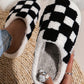 Black Checkered Print Fuzzy Slip On Winter Slippers