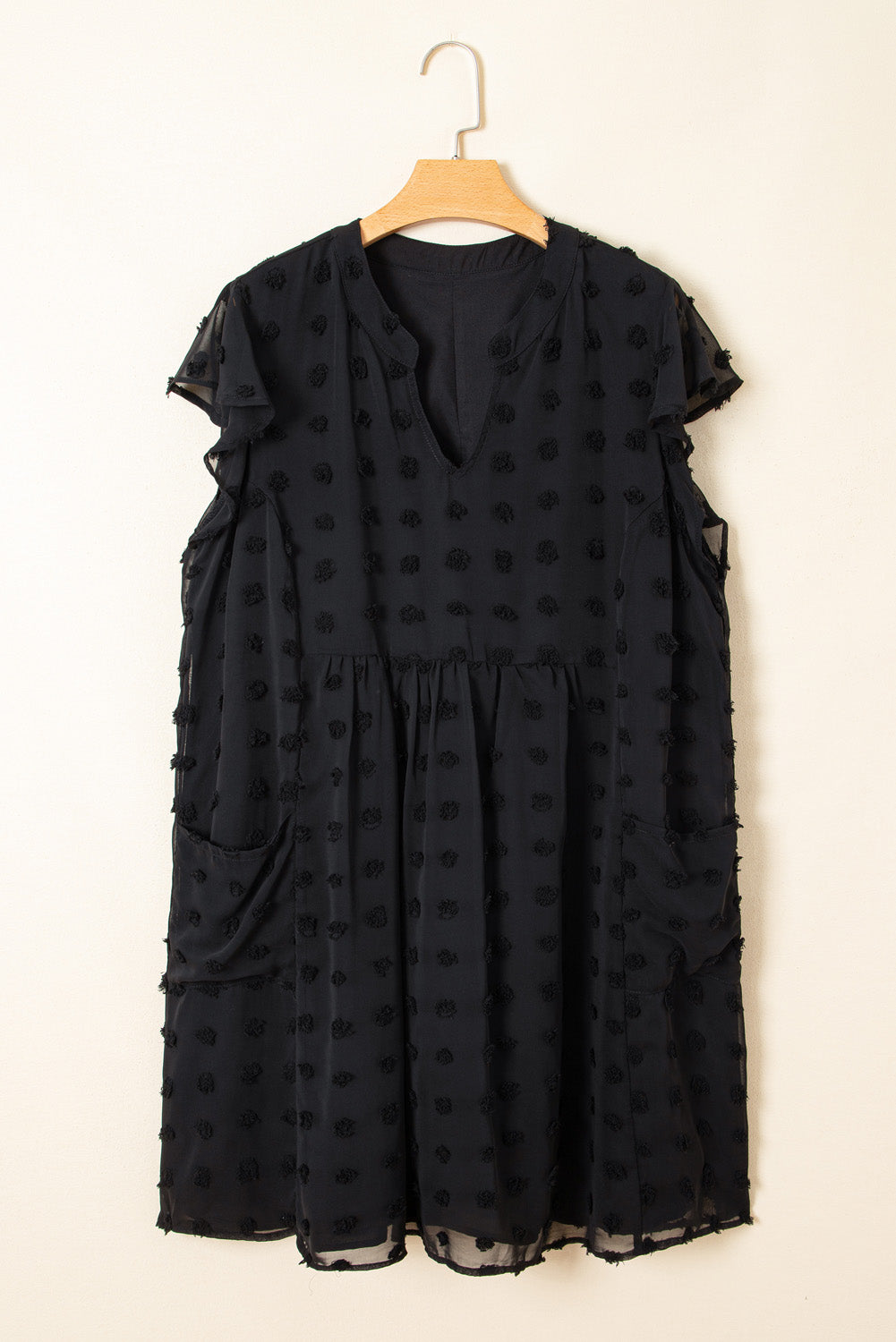 Black Dotty Textured Notched Neck Ruffled Dress