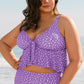 Purple Polka Dot Print Ruffled Knotted V Neck Tankini Set