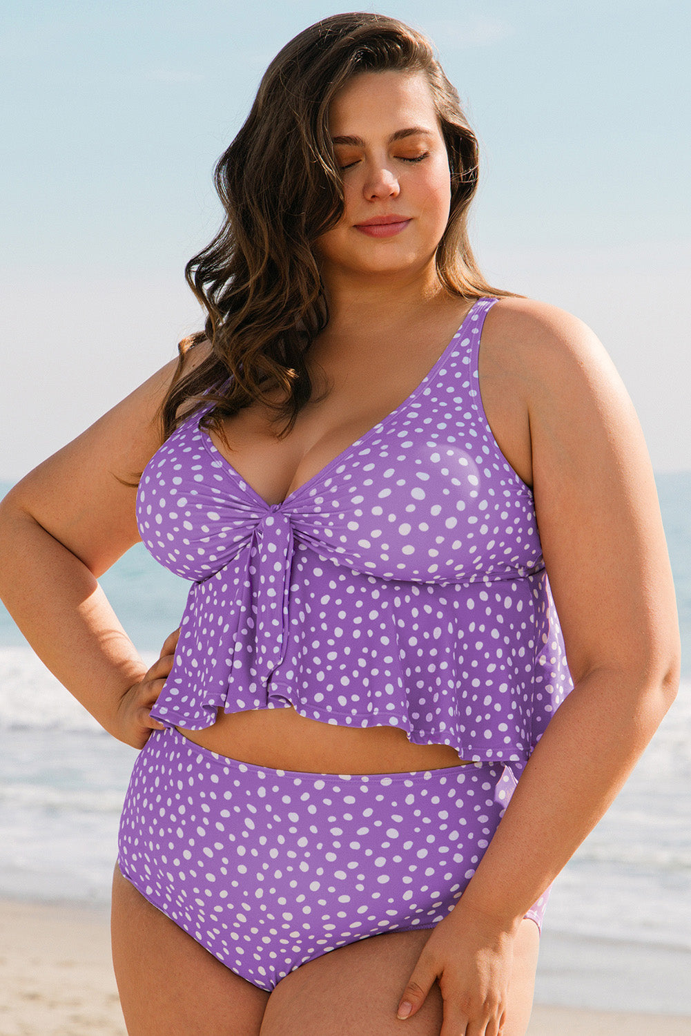 Purple Polka Dot Print Ruffled Knotted V Neck Tankini Set
