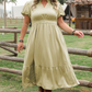 Laurel Green Notched V Neck Puff Sleeve Tiered Maxi Dress