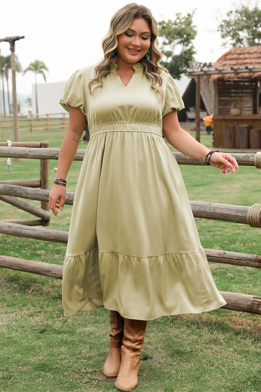 Laurel Green Notched V Neck Puff Sleeve Tiered Maxi Dress