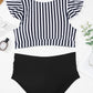 Black Stripe Knot Cutout Ruffle Sleeve and High Waisted 2pcs Swimsuit