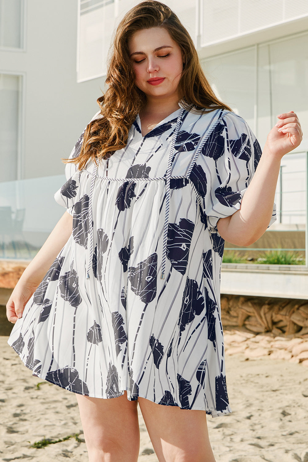 Floral 3/4 Puff Sleeve Lace-up Neck Mini Dress