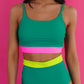 Sea Green Contrast Trim Colorblock Patchwork High Waisted Bikini